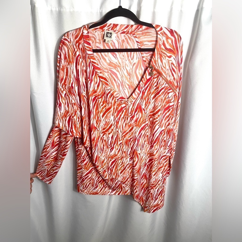 Anne Klein Orange Zebra Print Asymmetrical Tunic Top Zip Detail XL